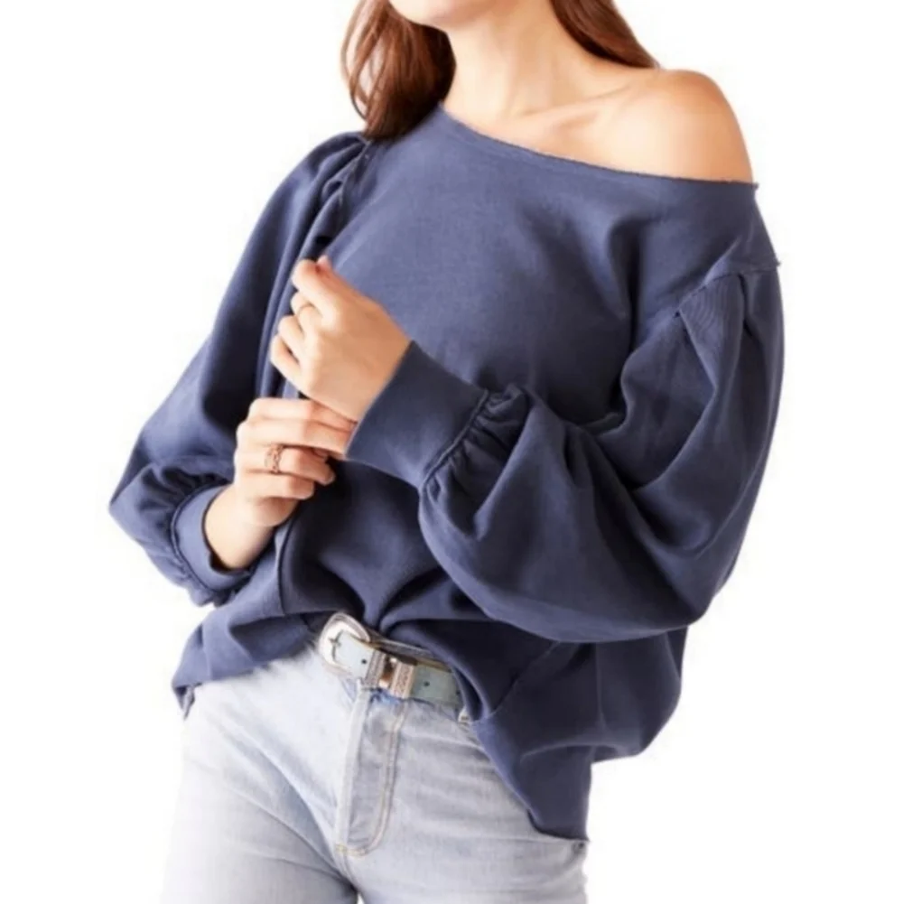 Free People We The Free Rosey Navy Blue Distressed Fleece Oversized Sweatshirt